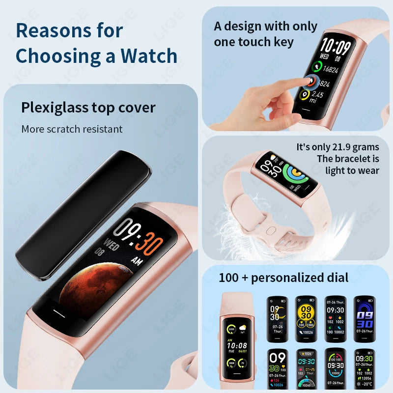 LIGE Fashion Sports Fitness Smart Band Health Monitor Smart Watch For Men Women IP67 Waterproof Bracelet Smartwatch Thermometer