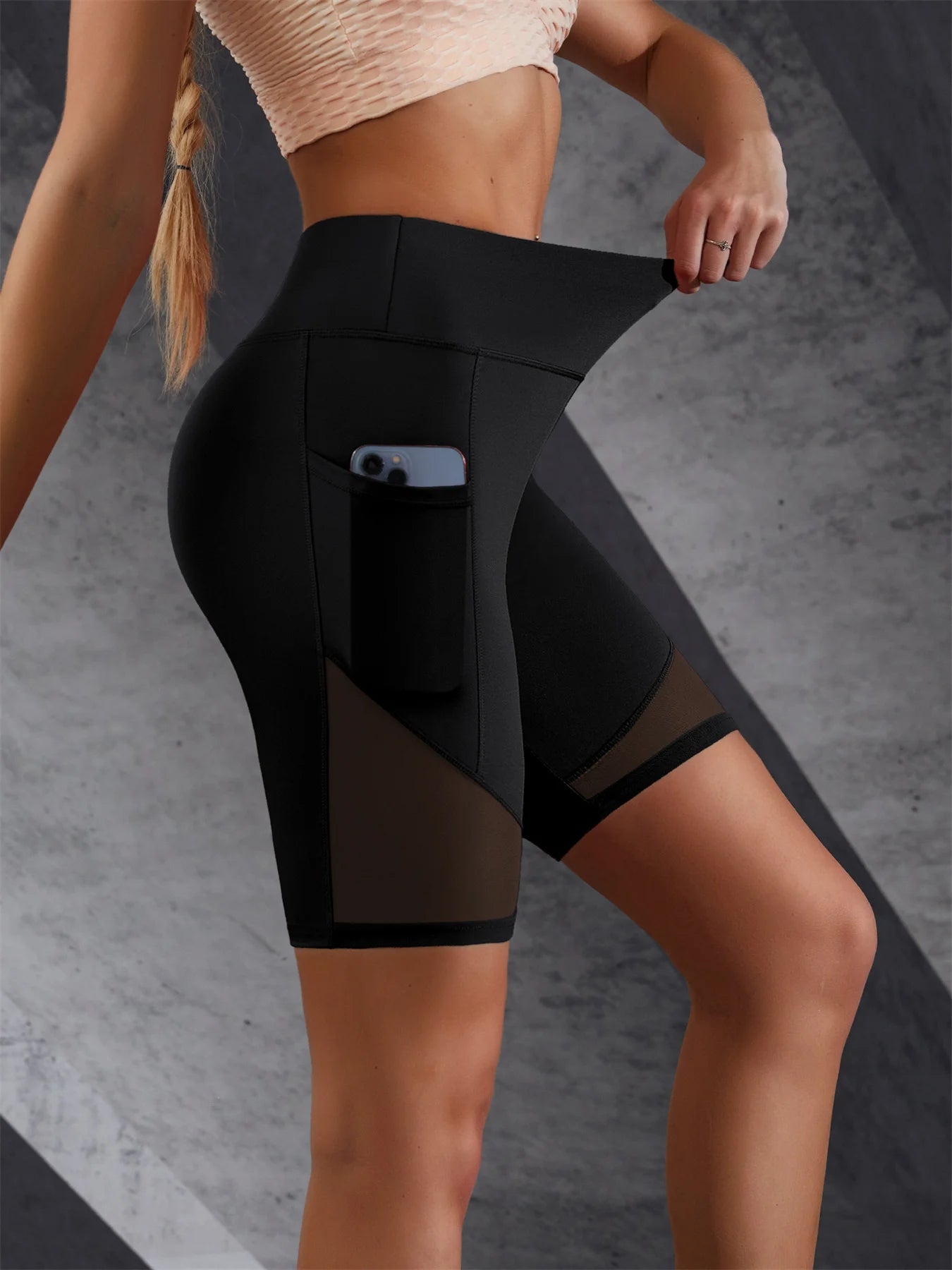 Mesh Stitch High Waist Yoga Shorts Side Pockets Leggings For Women Workout Breathable Activewear Hip Lifting Body Shape Shorts