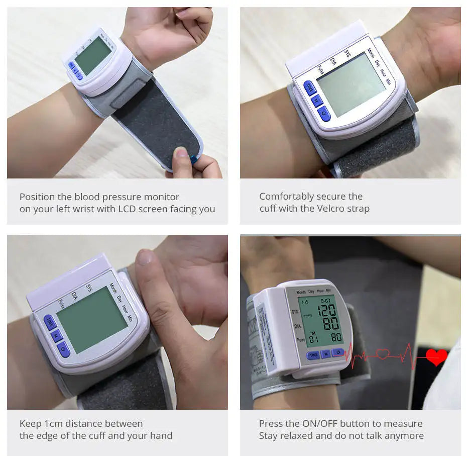 Digital Wrist Blood Pressure Monitor Smart Sphygmomanometer Tonometer Cuff Tensiometer Heart Rate Pulse Meter for Health Care