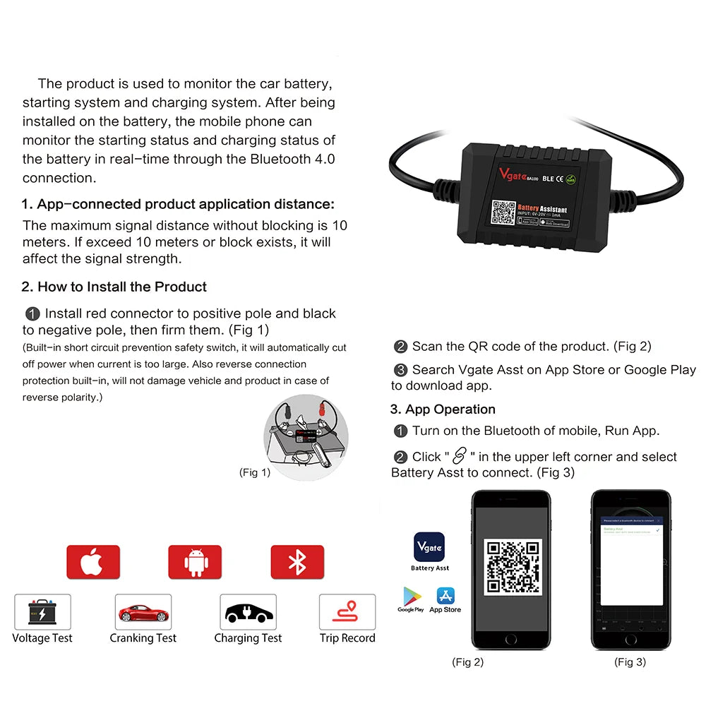 Newest Vgate BA100 6~20V Battery Tester Works via Bluetooth 4.0 Phone APP Real-Time Monitoring Voltage&Health Battery Assiantant