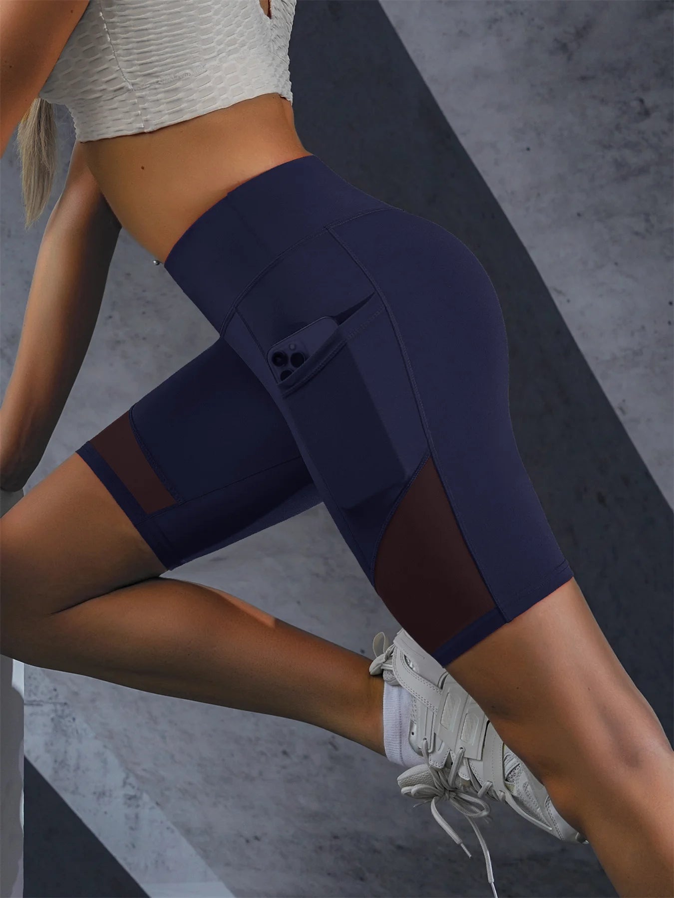 Mesh Stitch High Waist Yoga Shorts Side Pockets Leggings For Women Workout Breathable Activewear Hip Lifting Body Shape Shorts