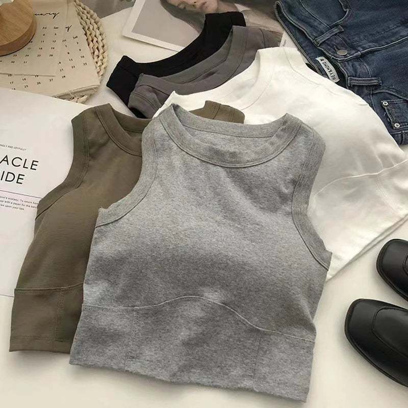 1x Plain Short Vest With Bra Pad Beautiful Back Waistcoat Women Inner Wear Tanks Sleeveless Blouse Yoga Slim Sports Running Tops